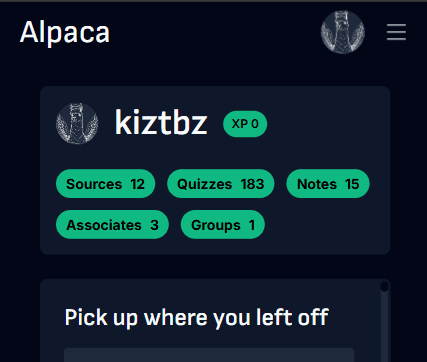 Alpaca learning platform — dashboard showing sources, quizzes, and notes